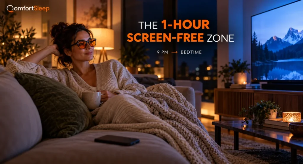 A woman sitting on her sofa in the evening watching TV wearing blue light blocking glasses