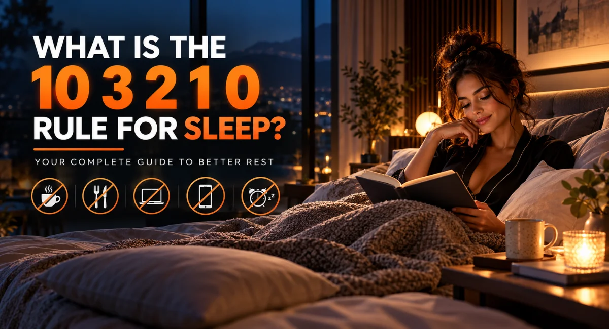 A woman in a bed preparing for rest using the 10 3 2 1 0 method for sleep.