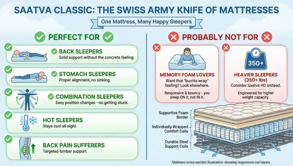 Diagram to show who the Saatva Classic mattress is best for