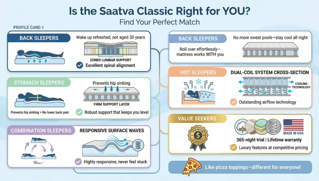 Infographic showing who the Saatva Classic mattress is best for