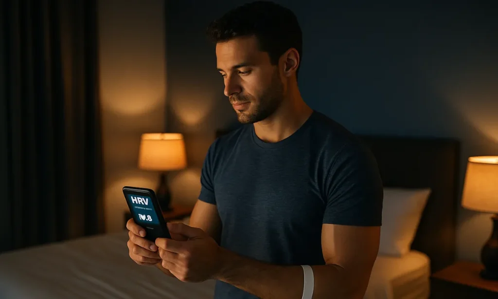 Man using an HRV monitor to track and monitor sleep