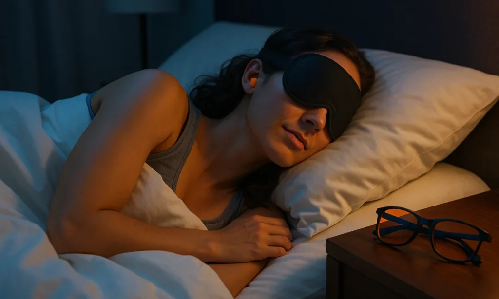 A woman sleeping well with an eye mask and ear plugs