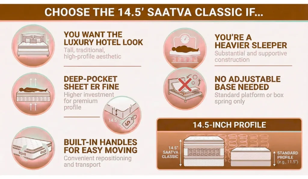 Infographic showing reasons why a person should choose the Saatva 14.5 mattress