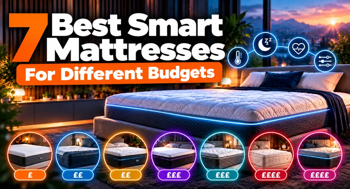A smart mattress showing the different sleep features and 7 options of other smart beds for different budgets