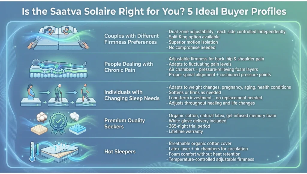 Image to show the 5 types of people who are best suited to the Saatva Solaire mattress