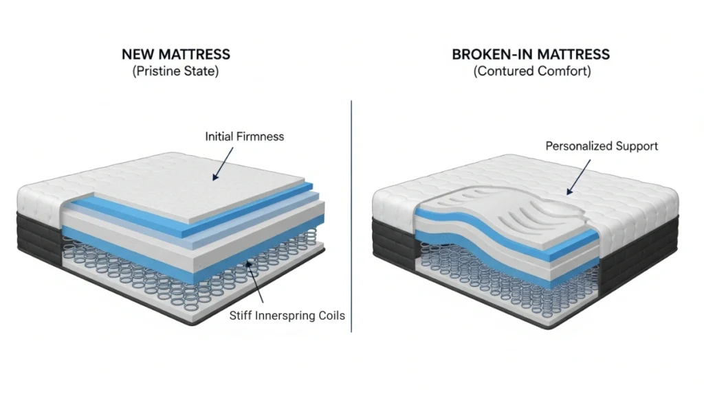 A new vs a broken in mattress comparing layers and coils
