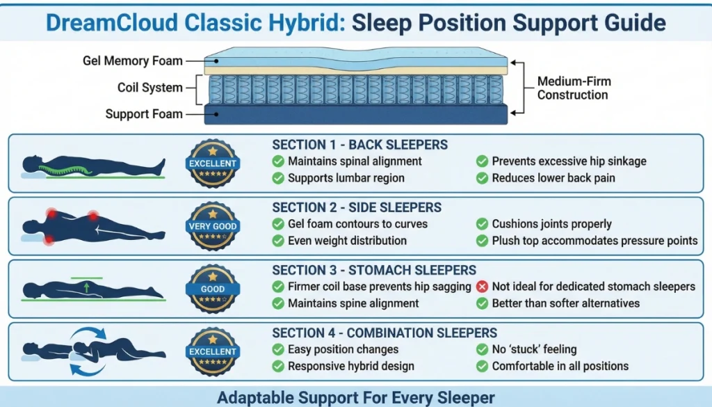 How the DreamCloud Classic Hybrid mattress supports different sleeping positions