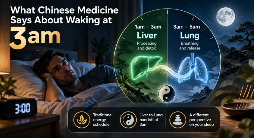 Infographic explaining Chinese Medicine theory of waking in the middle of the night according to the Chinese clock.