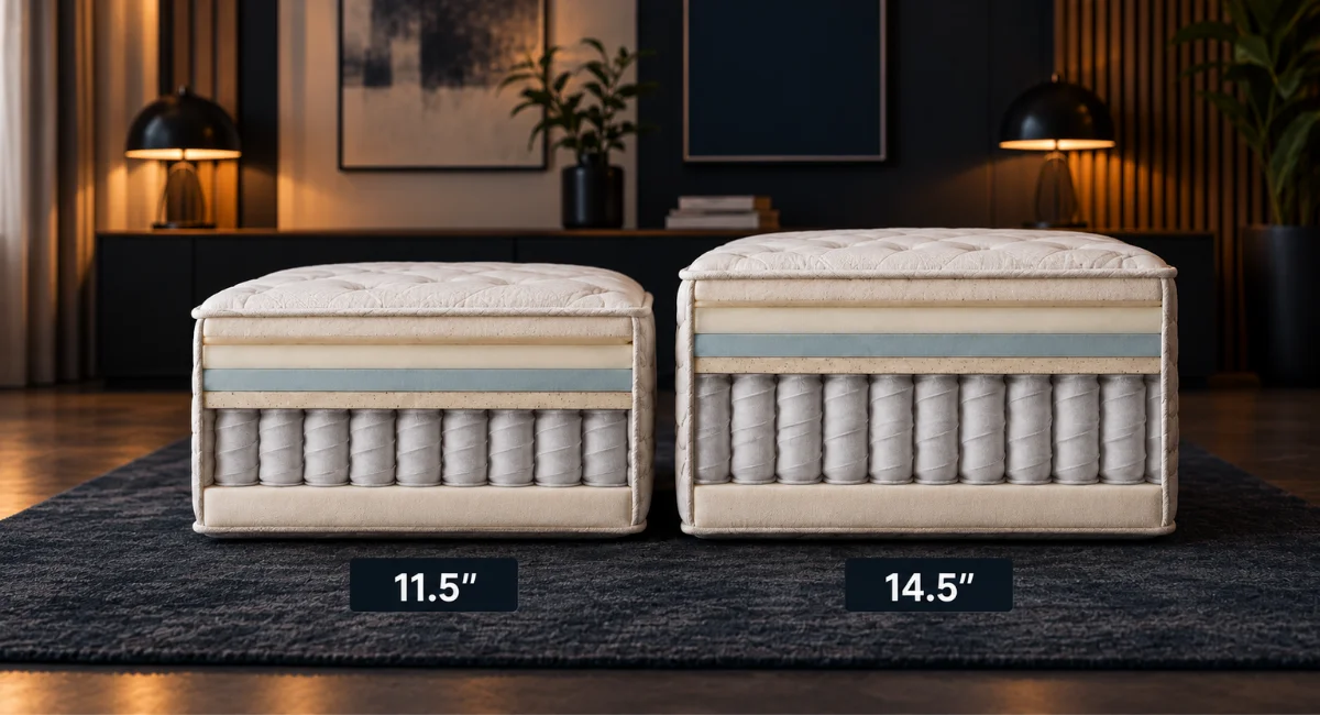 Two Saatva Classic mattresses cut away to reveal internal layers, labeled 11.5 inch and 14.5 inch with taller coils on the right.