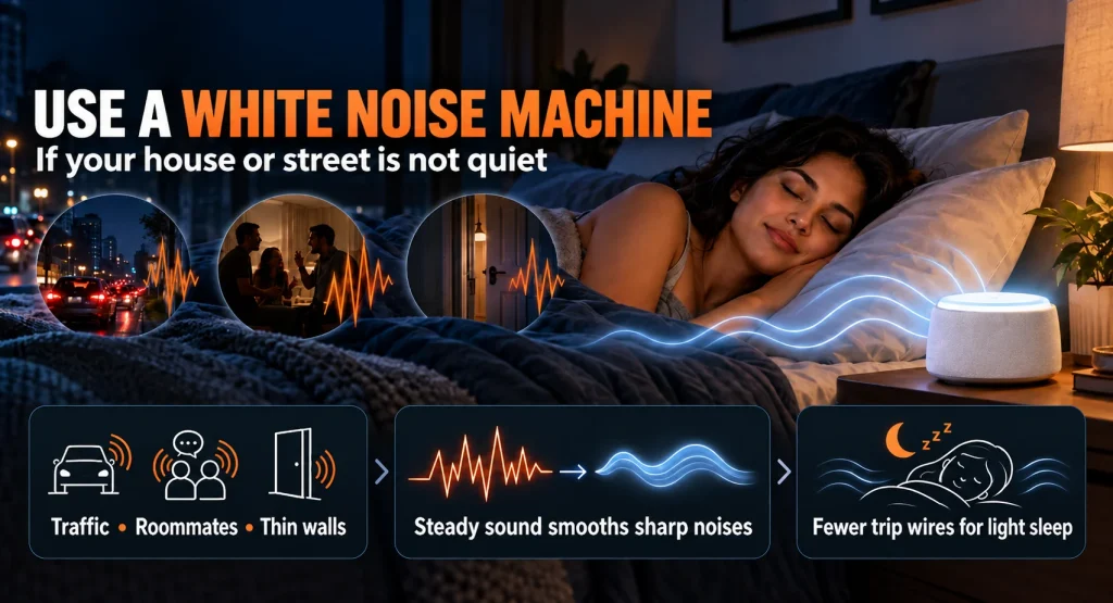 Infographic explaining how a white noise machine may help with sleep if your environment is noisy