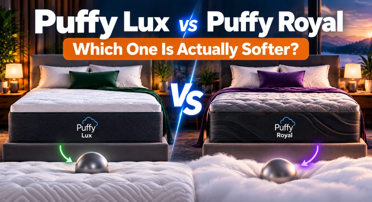 An image visually comparing the Puffy Lux vs Puffy Royal to see which is best for comfort and firmness