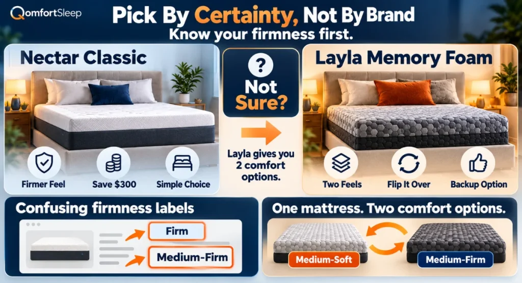 Infographic showing the firmness differences between the Nectar and Layla mattress brands