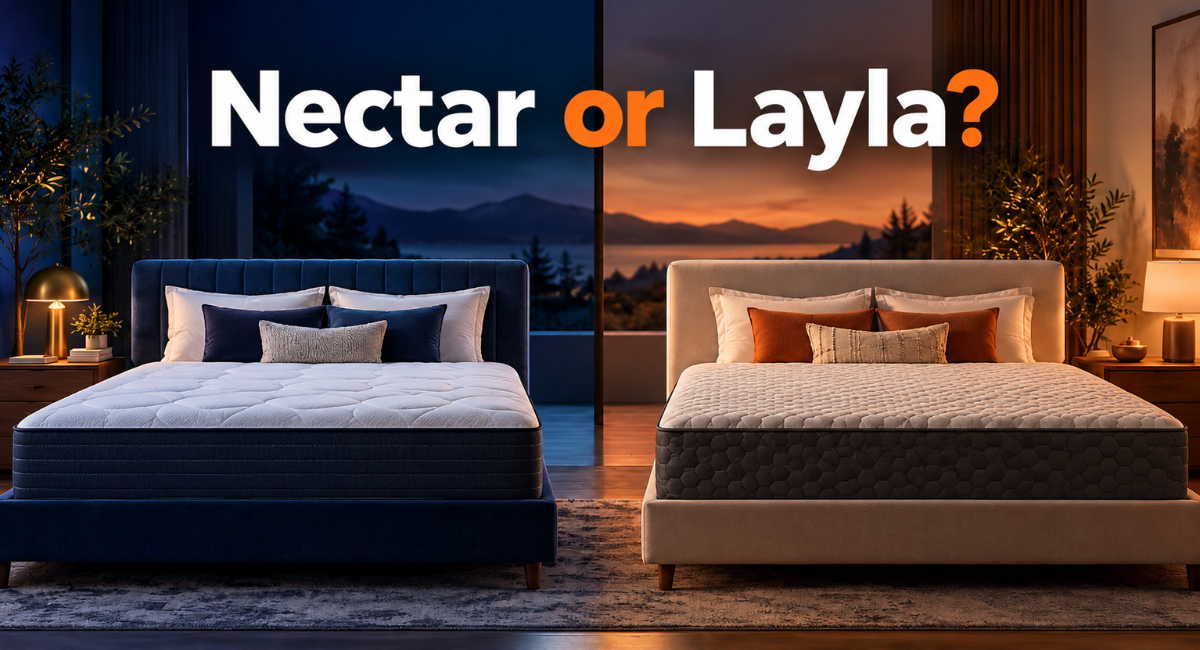 A Nectar mattress and a Layla mattress standing side by side that you'll compare below