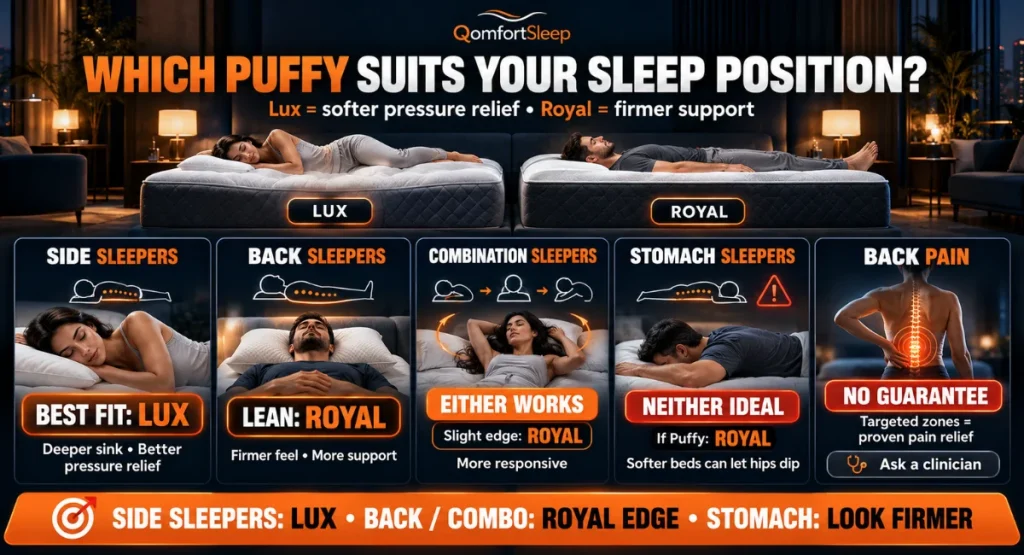 An infographic showing the differences between the Puffy Lux or Royal for sleep positions and body weight