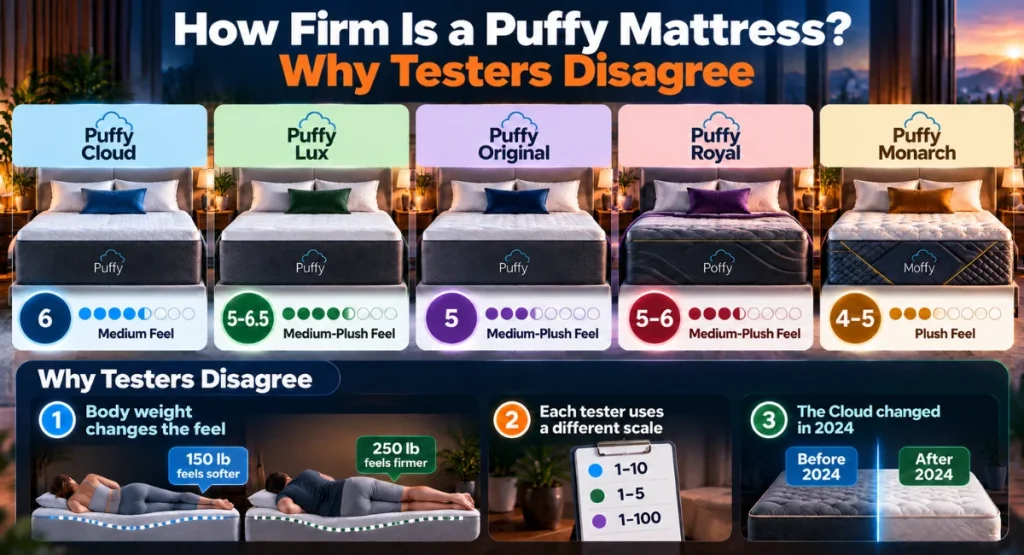 Infographic showing the different firmness levels of the 5 main Puffy mattress models