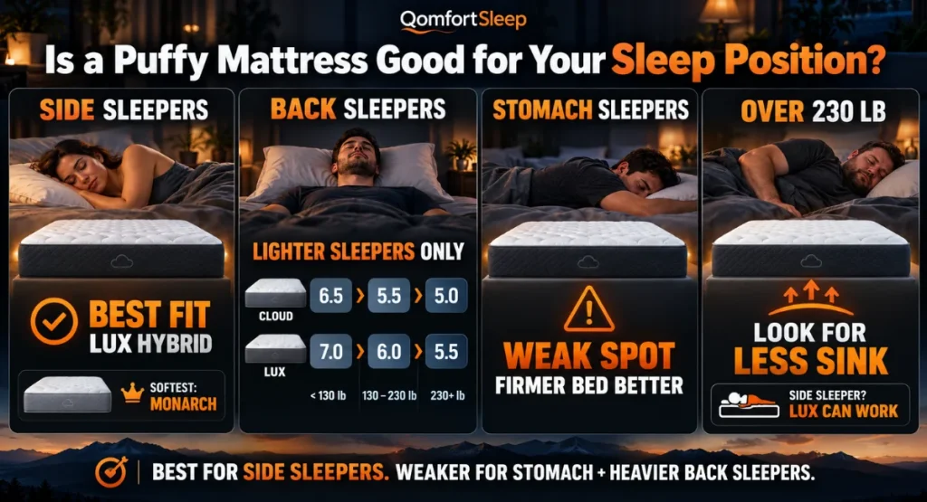 Infographic showing how the Puffy mattress caters to different sleep positions.