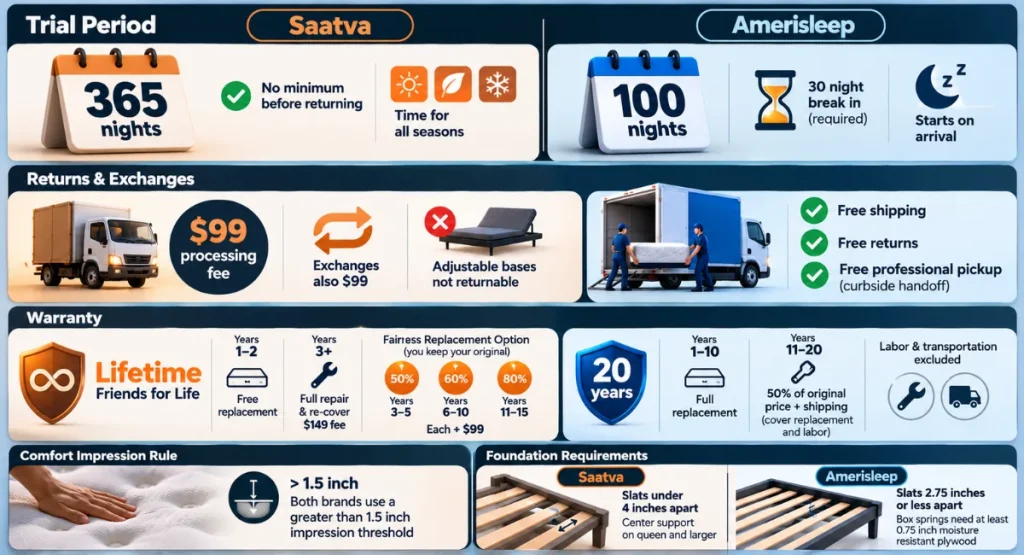 Infographic explaining the difference between Saatva and Amerisleep's trial period and warranty.