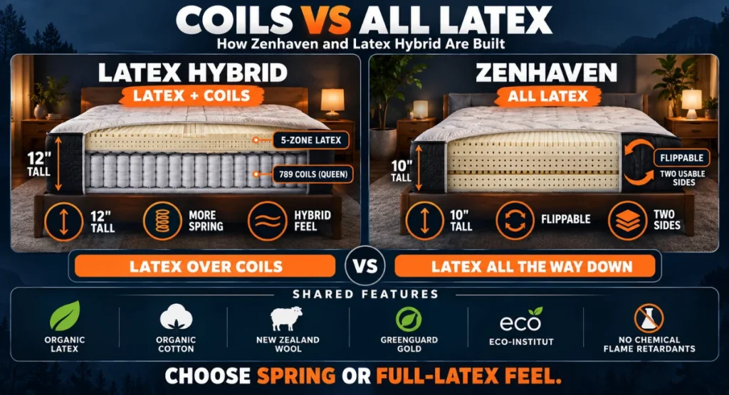 Infographic explaining Saatva's all coil mattress vs an all latex mattress