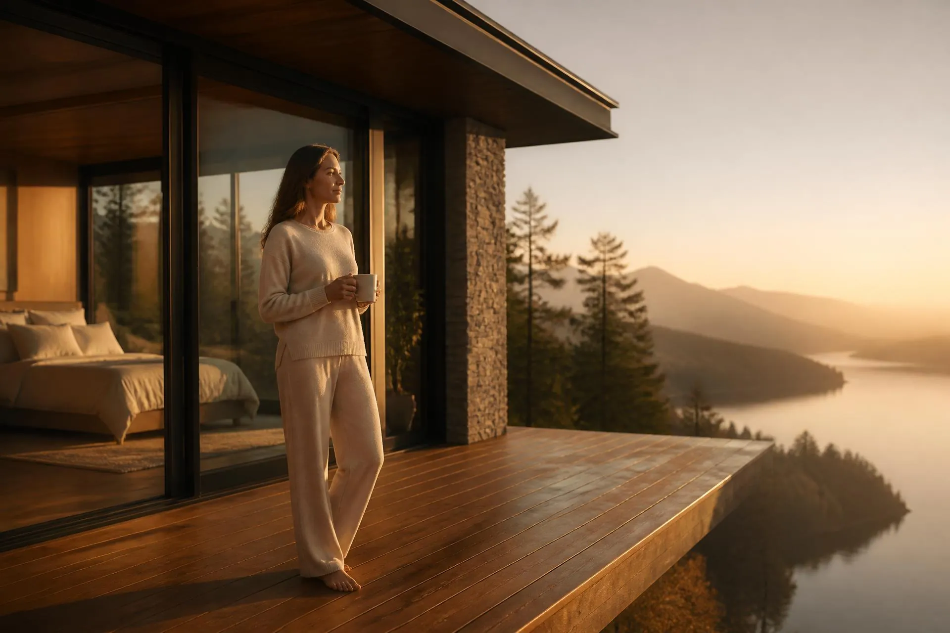 barefoot woman in cream sweater holds mug on deck at sunrise bed behind her