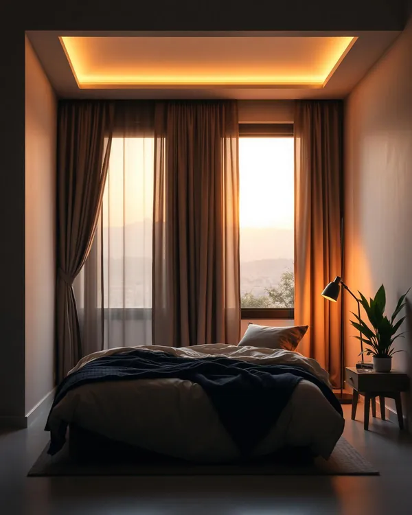 dim bedroom at dusk with heavy curtains warm ceiling light floor lamp and plant