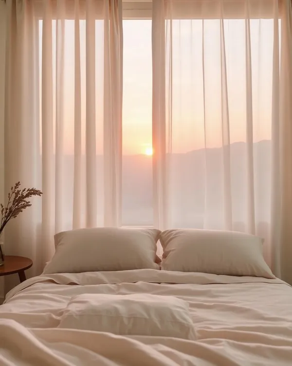 made bed with beige pillows and linen beside sheer curtained window over hazy mountains