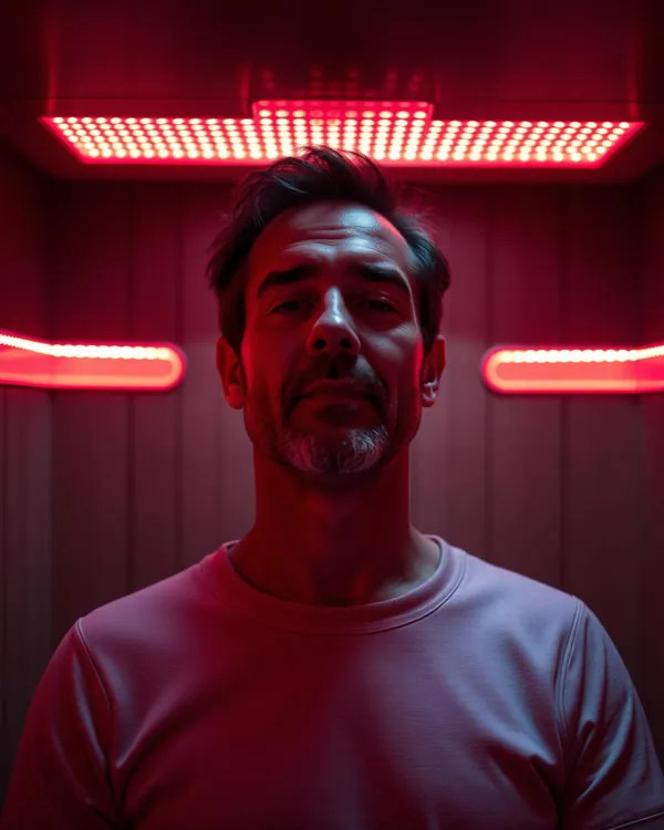 man in a tee shirt stands inside a booth lit by red light panels