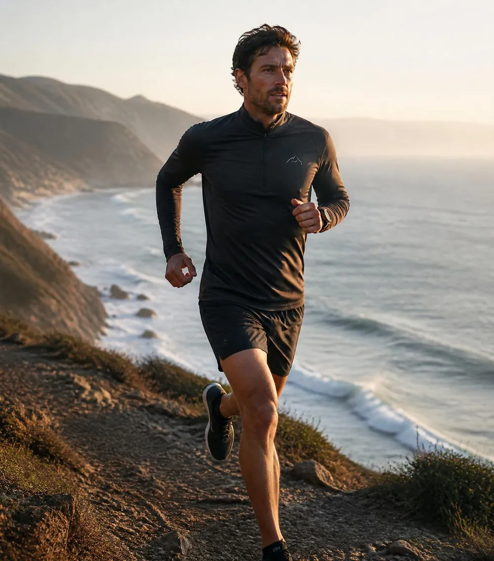 man in dark top and sports watch runs coastal cliff trail at golden hour