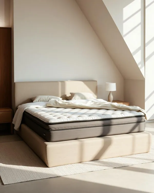 quilted mattress on upholstered platform bed with fabric headboard in sunlit bedroom