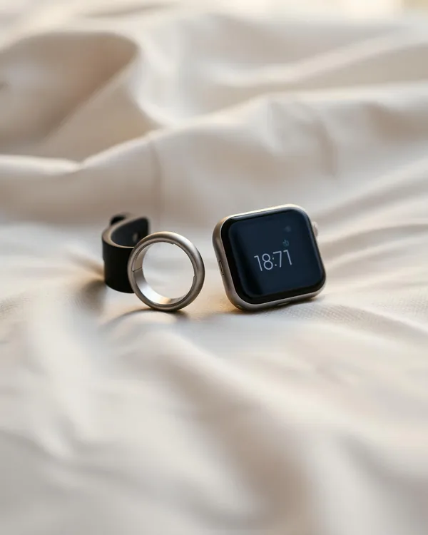 silver smart ring and smartwatch on white bed sheets