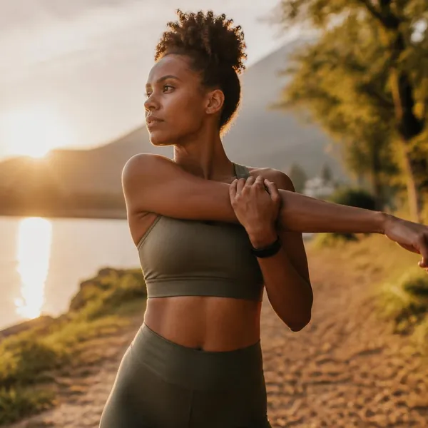 woman in olive workout clothes stretches her shoulder on a lakeside path at sunset